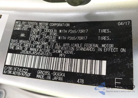 2017 Toyota 4Runner Trd Off Road Premium из США, поврежденный, VIN JTEBU5JR5H5451815